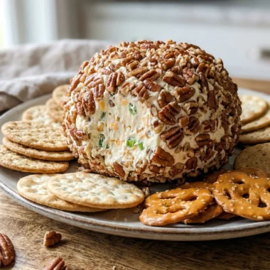A finished cream cheese ball on a white platter surrounded by various crackers and celery sticks.