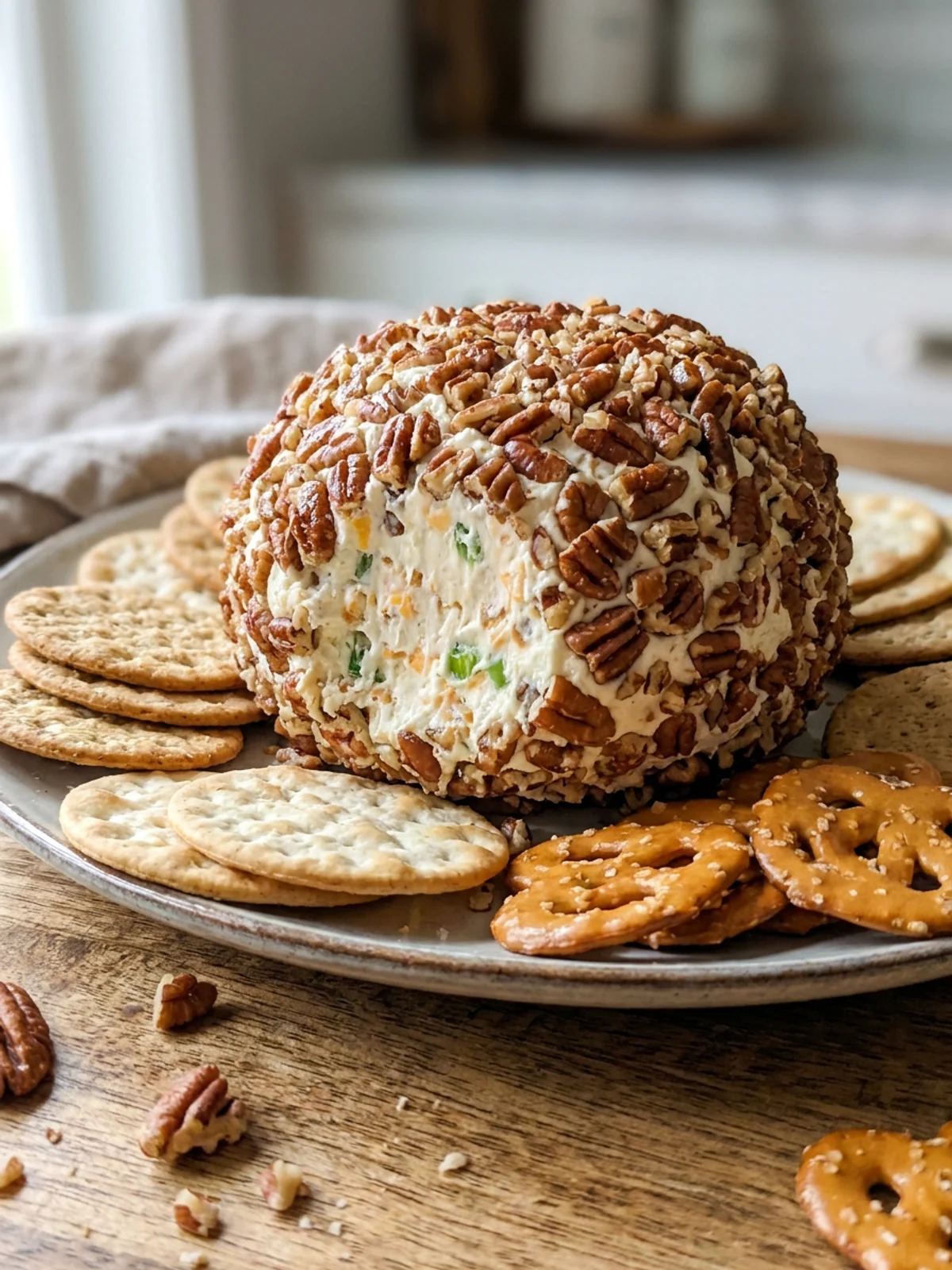 A finished cream cheese ball on a white platter surrounded by various crackers and celery sticks.