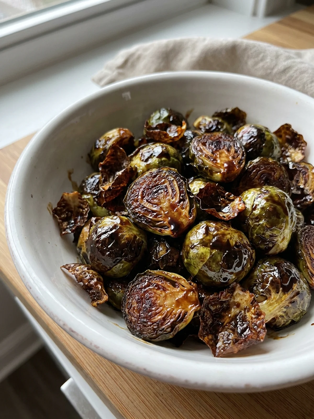 A close-up of finished roasted brussels sprouts in a white ceramic bowl.