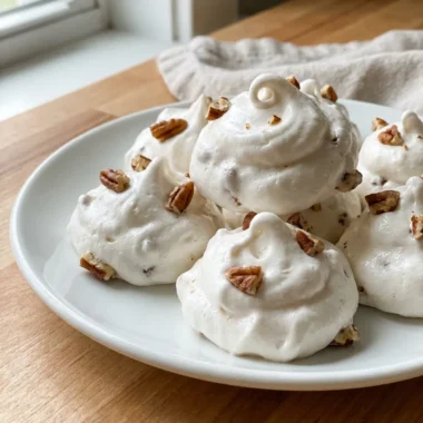 A close-up of a single piece of divinity candy showing its light, airy texture and chopped pecans.