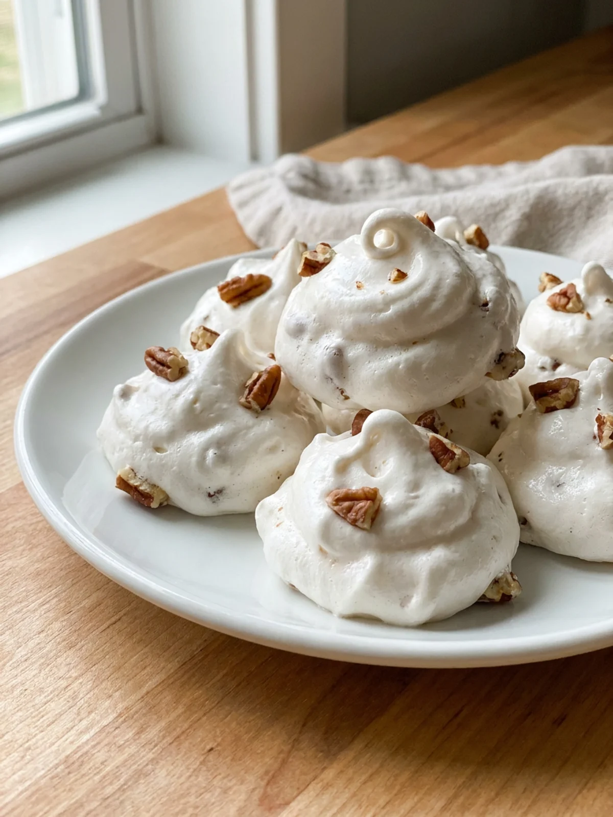 A close-up of a single piece of divinity candy showing its light, airy texture and chopped pecans.