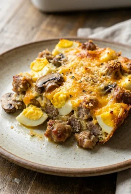 A single slice of egg and sausage casserole on a plate next to a fork.