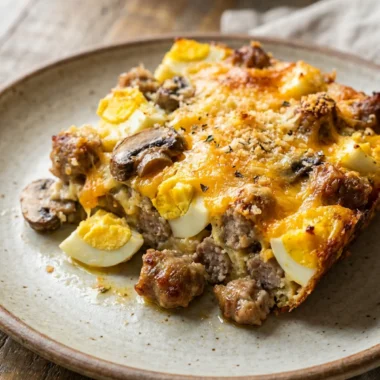 A single slice of egg and sausage casserole on a plate next to a fork.
