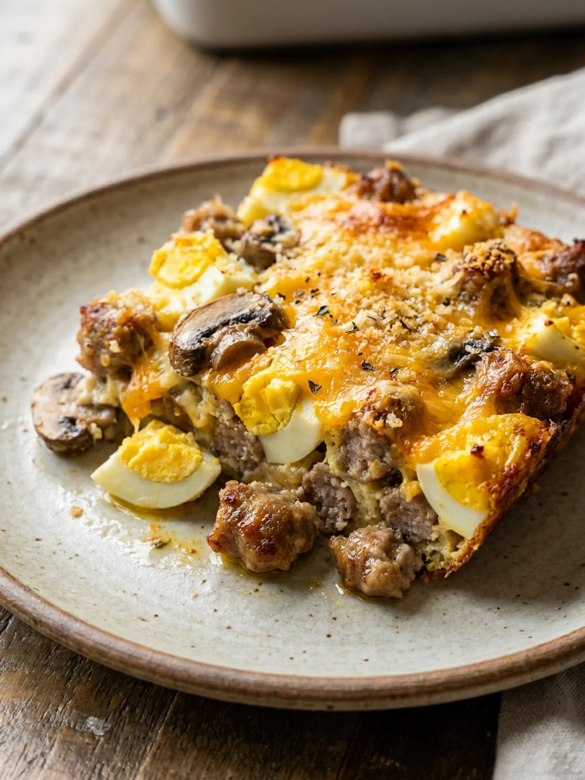 A single slice of egg and sausage casserole on a plate next to a fork.