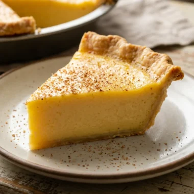 A slice of egg custard pie on a white plate, with a fork nearby.