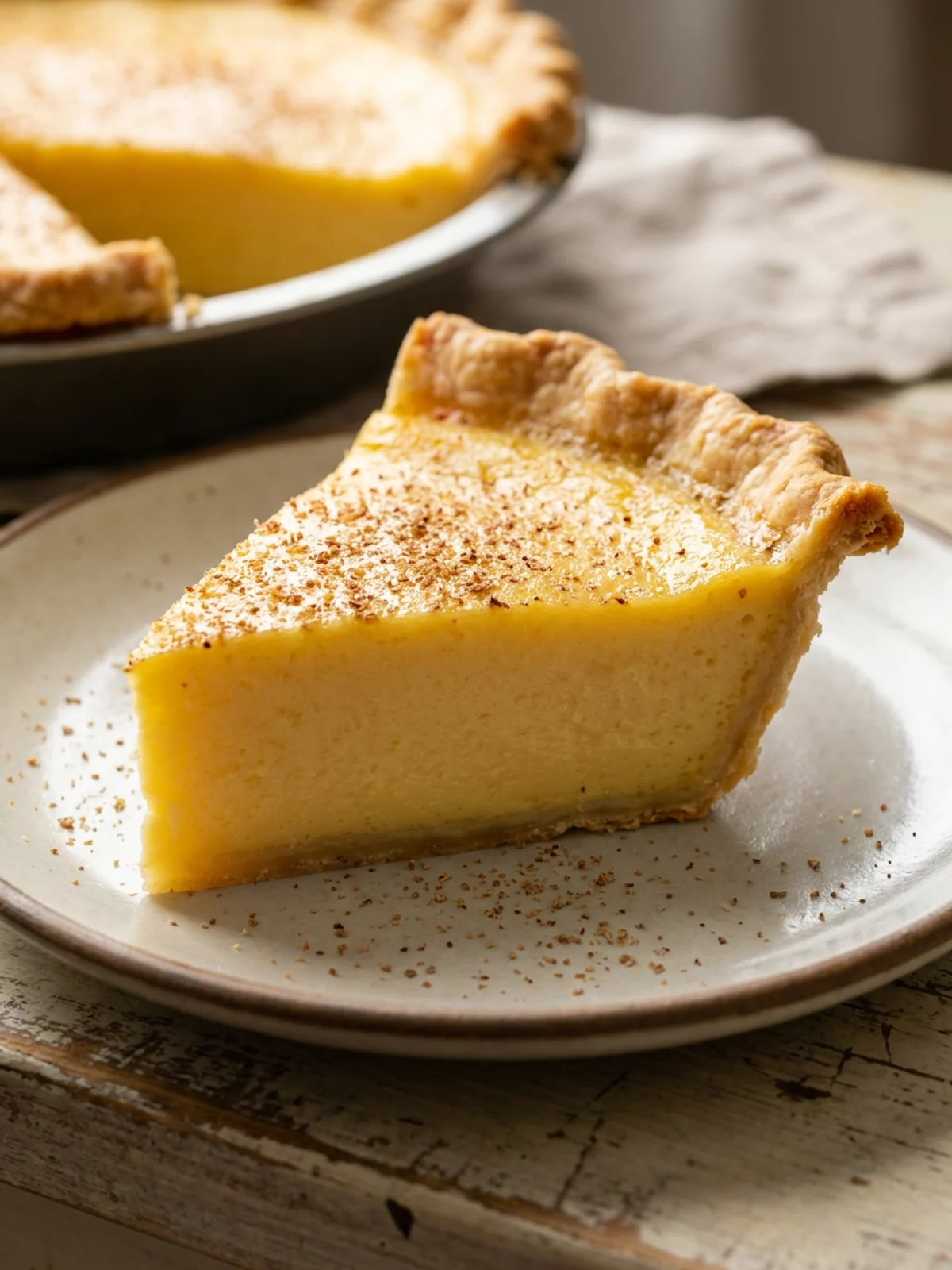 A slice of egg custard pie on a white plate, with a fork nearby.