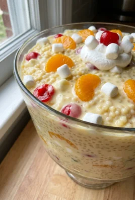 A bowl of frog eye salad garnished with whipped topping and a cherry.