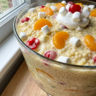 A bowl of frog eye salad garnished with whipped topping and a cherry.