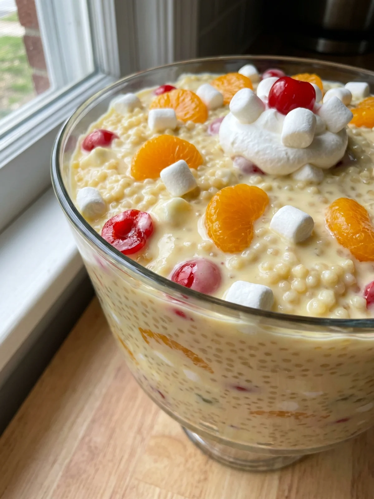 A bowl of frog eye salad garnished with whipped topping and a cherry.