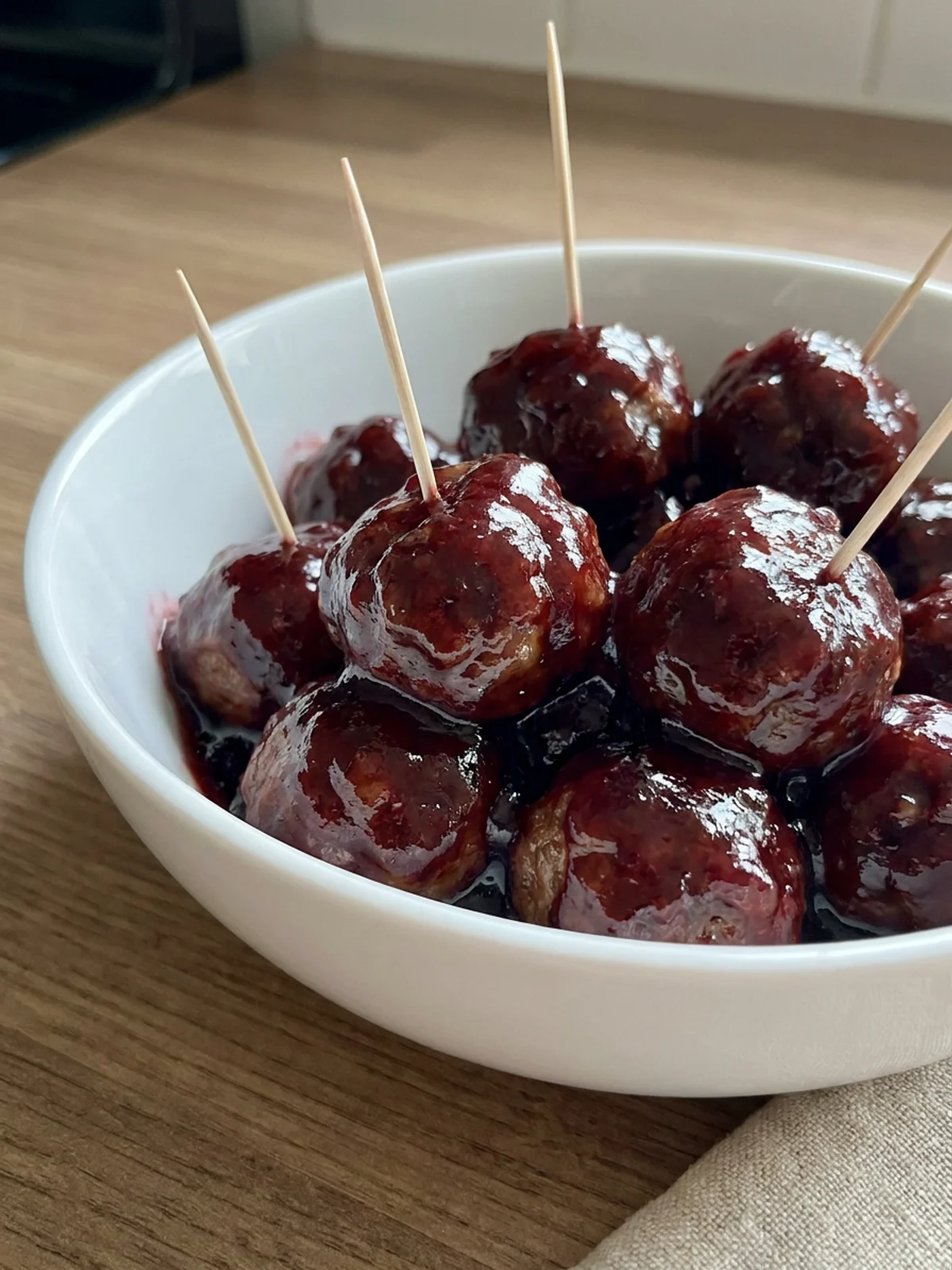 A white ceramic bowl filled with glossy grape jelly meatballs with toothpicks in them.