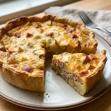 The whole baked ham and cheese quiche, golden brown, sitting on a kitchen counter.