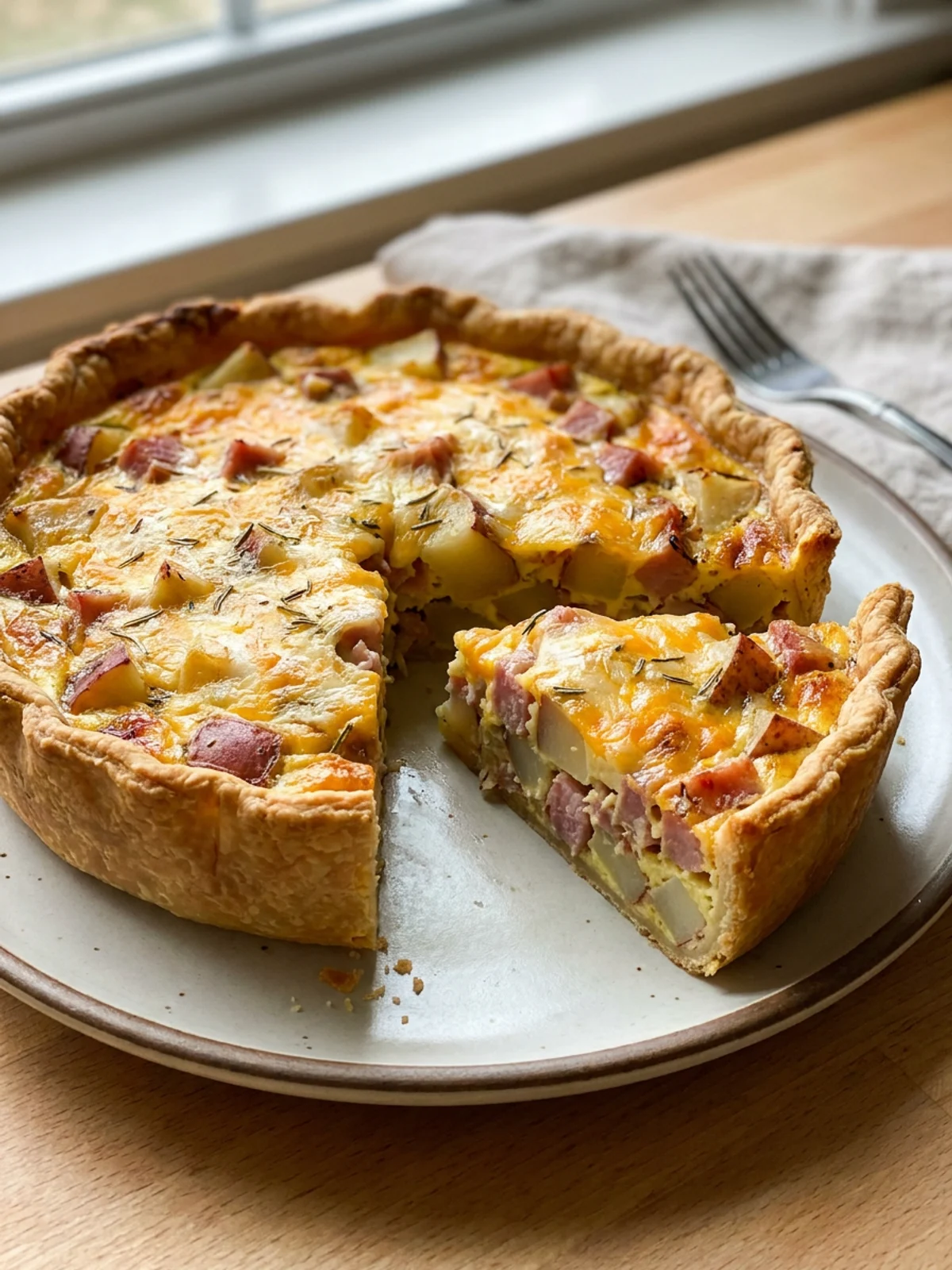 The whole baked ham and cheese quiche, golden brown, sitting on a kitchen counter.