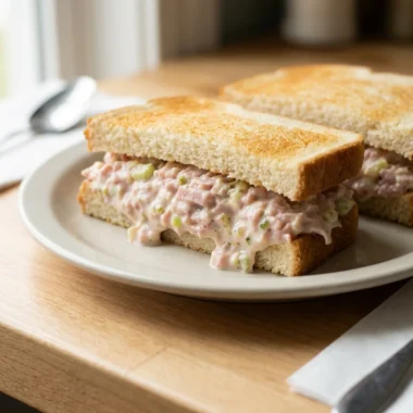 A finished ham salad sandwich with crisp lettuce on a white plate.
