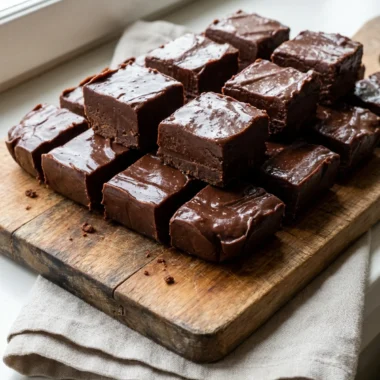A close-up shot of stacked chocolate fudge squares on a piece of parchment paper.