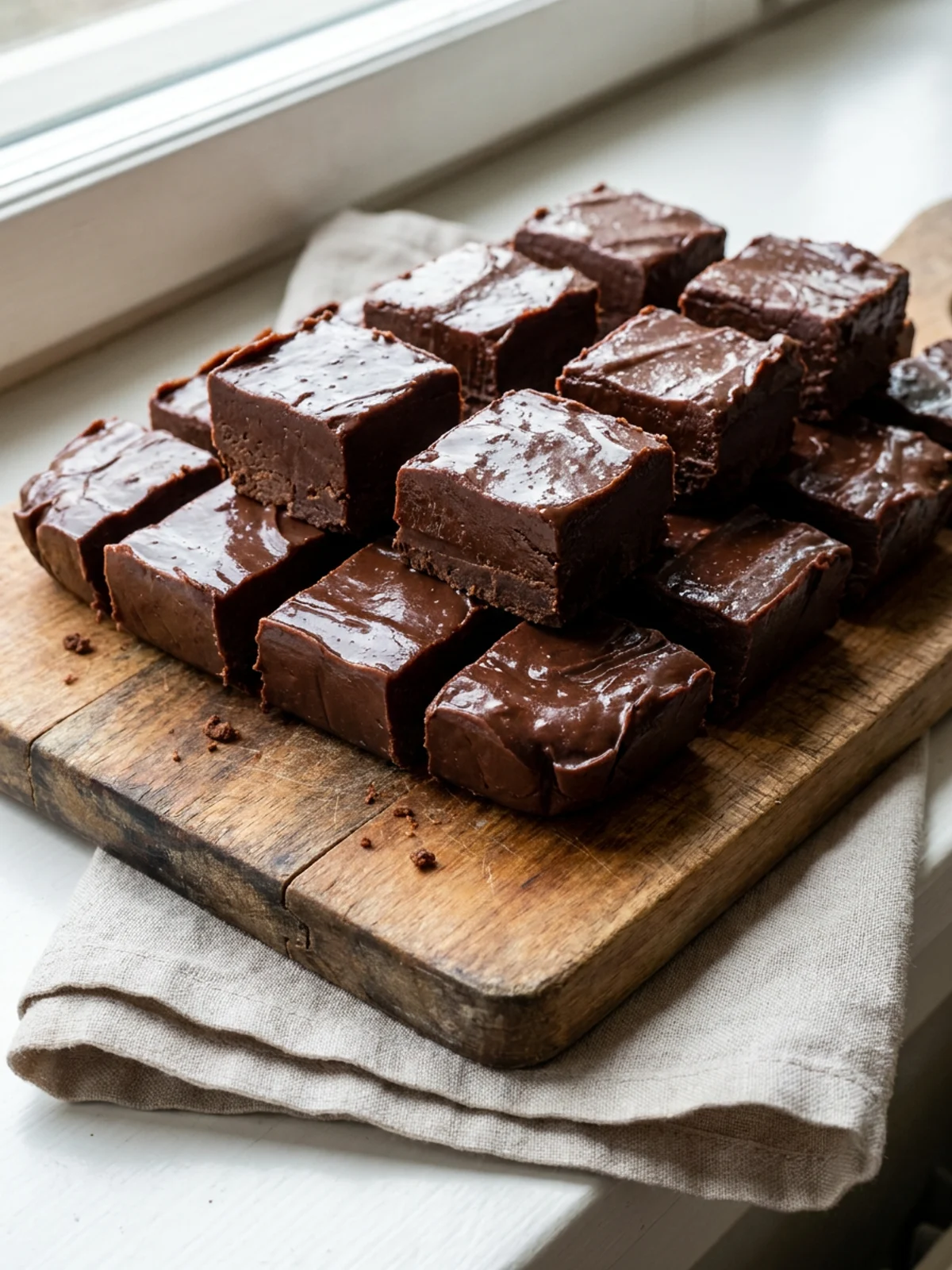 A close-up shot of stacked chocolate fudge squares on a piece of parchment paper.