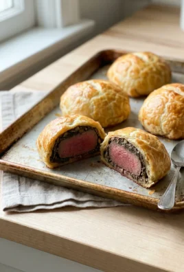 One beef wellington cut in half, revealing a medium-rare steak and mushroom layer.