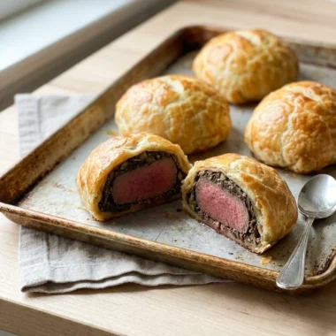 One beef wellington cut in half, revealing a medium-rare steak and mushroom layer.