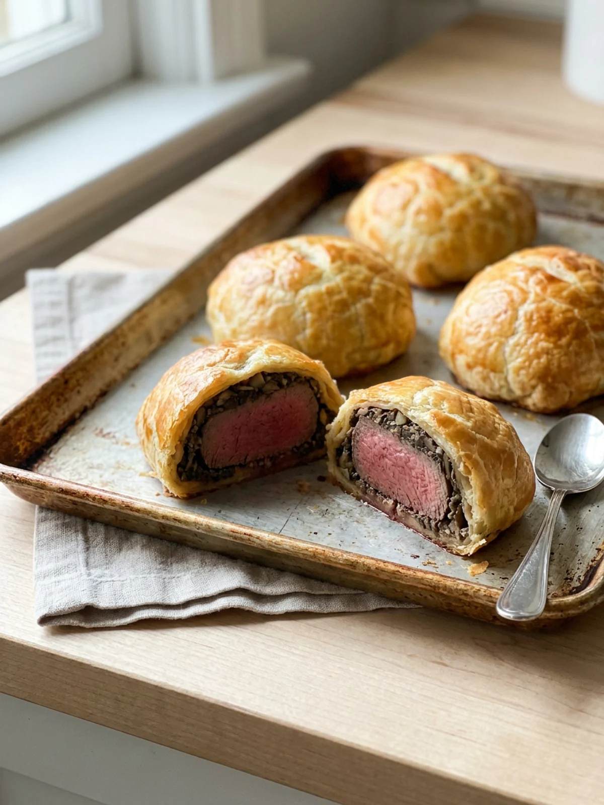 One beef wellington cut in half, revealing a medium-rare steak and mushroom layer.