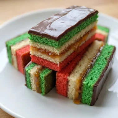 A platter of finished Italian rainbow cookies with a dark chocolate topping.