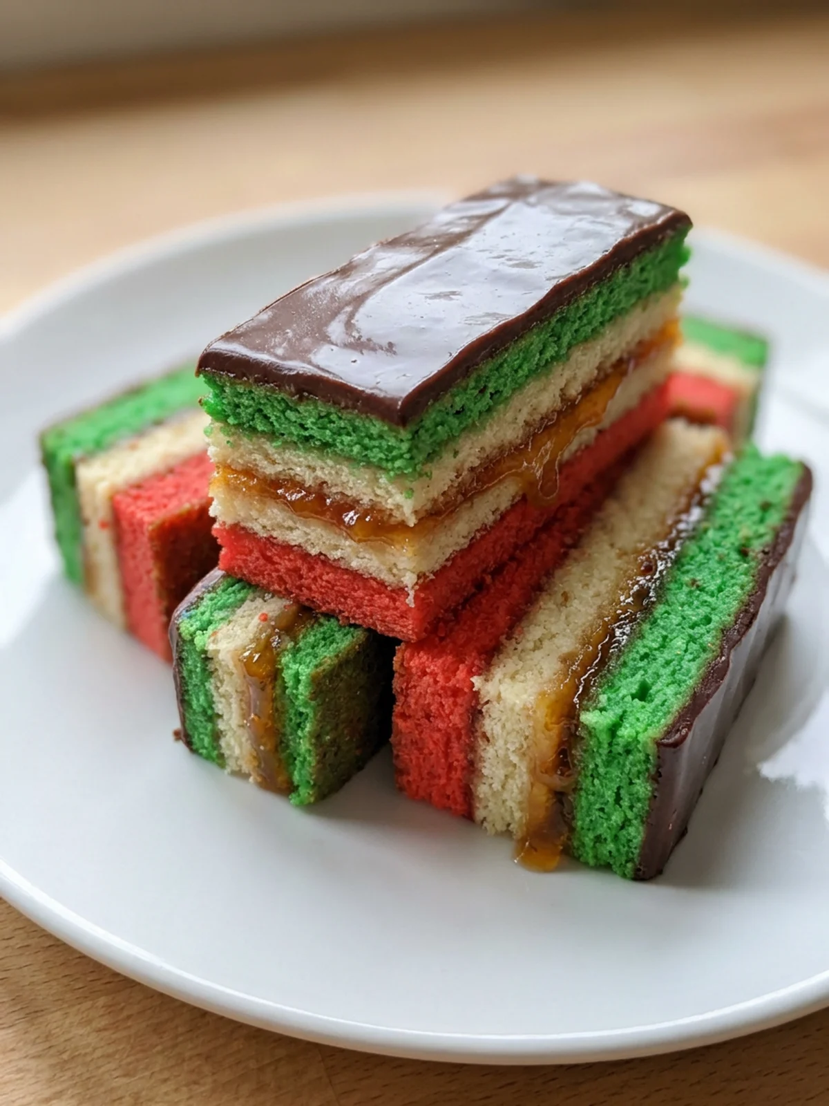 A platter of finished Italian rainbow cookies with a dark chocolate topping.