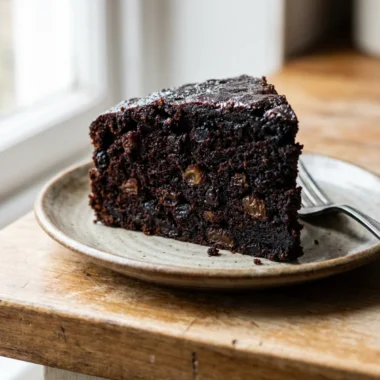 Close-up of the moist, dense crumb of a slice of Jamaican rum cake.