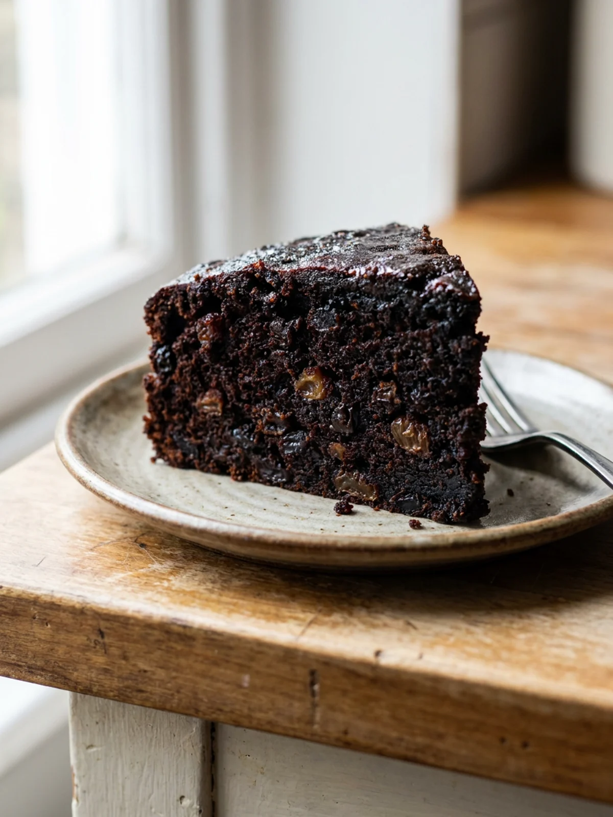 Close-up of the moist, dense crumb of a slice of Jamaican rum cake.
