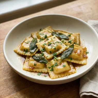 A plated bowl of lobster ravioli garnished with fresh parsley and sage leaves.