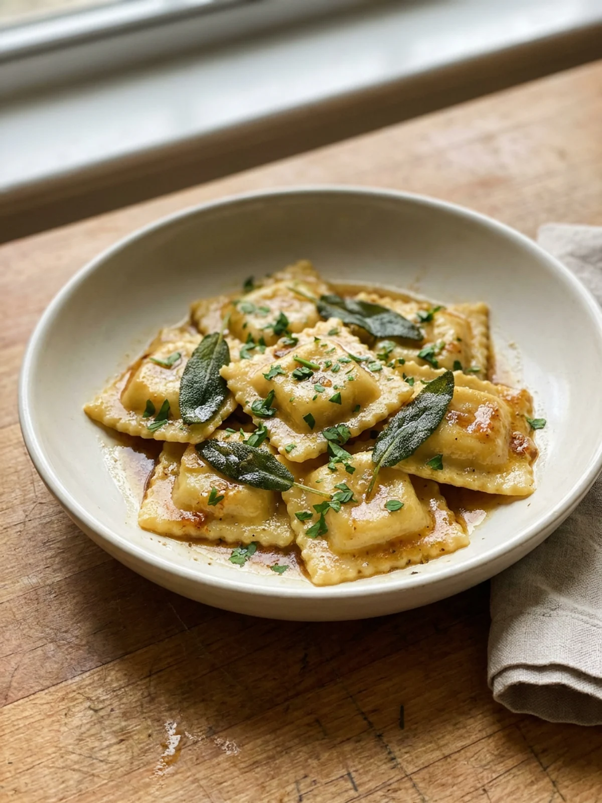 A plated bowl of lobster ravioli garnished with fresh parsley and sage leaves.
