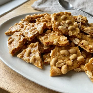 A close-up shot of several pieces of golden-brown microwave peanut brittle.