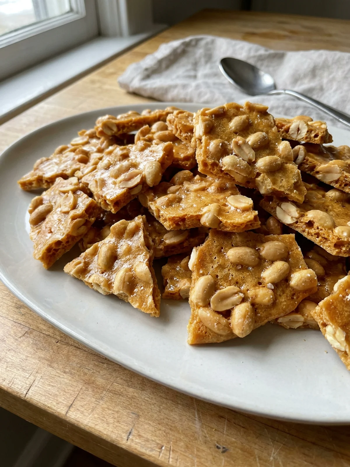 A close-up shot of several pieces of golden-brown microwave peanut brittle.