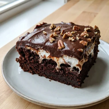 A fork taking a bite out of a piece of Mississippi mud cake on a plate.