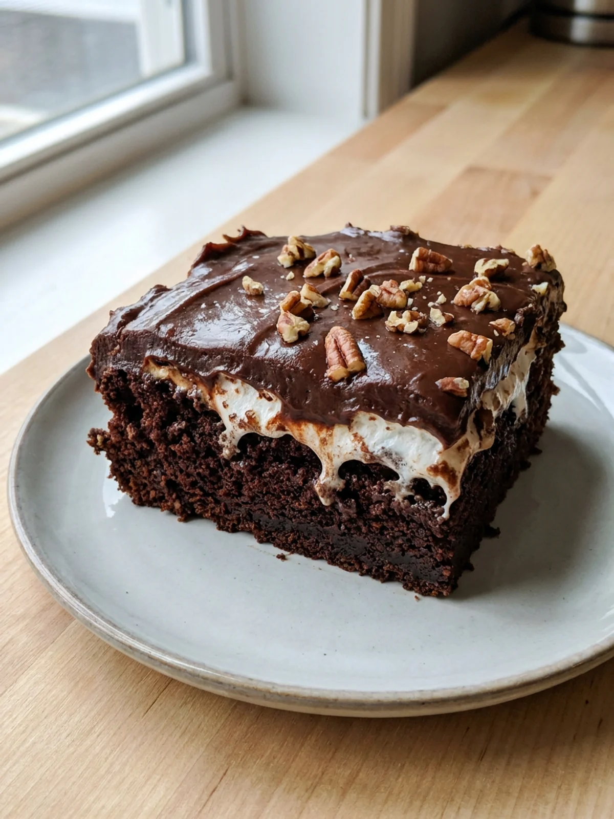 A fork taking a bite out of a piece of Mississippi mud cake on a plate.