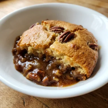 A close-up of a spoonful of pecan pie cobbler, showing the cake and sauce.