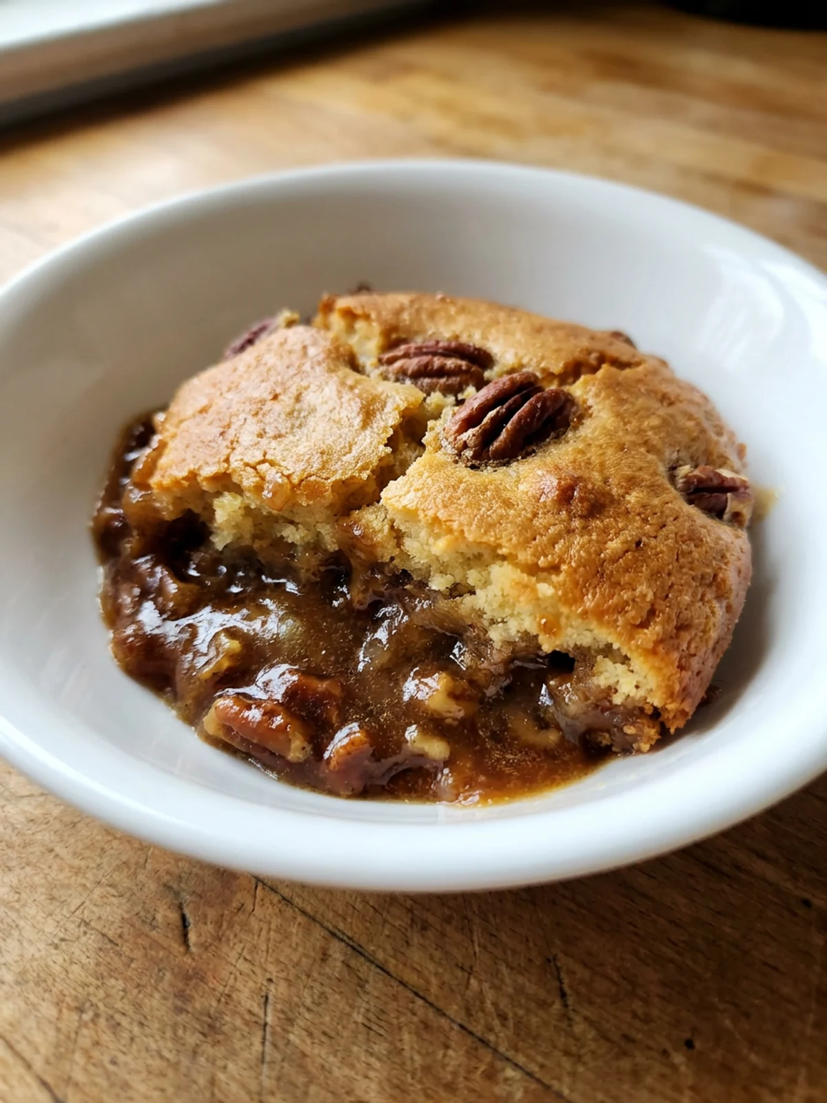 A close-up of a spoonful of pecan pie cobbler, showing the cake and sauce.