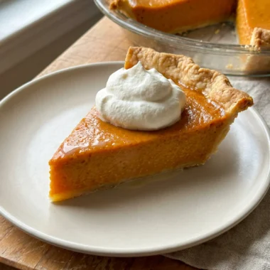 Top-down view of a smooth pumpkin pie filling in an unbaked pie crust.