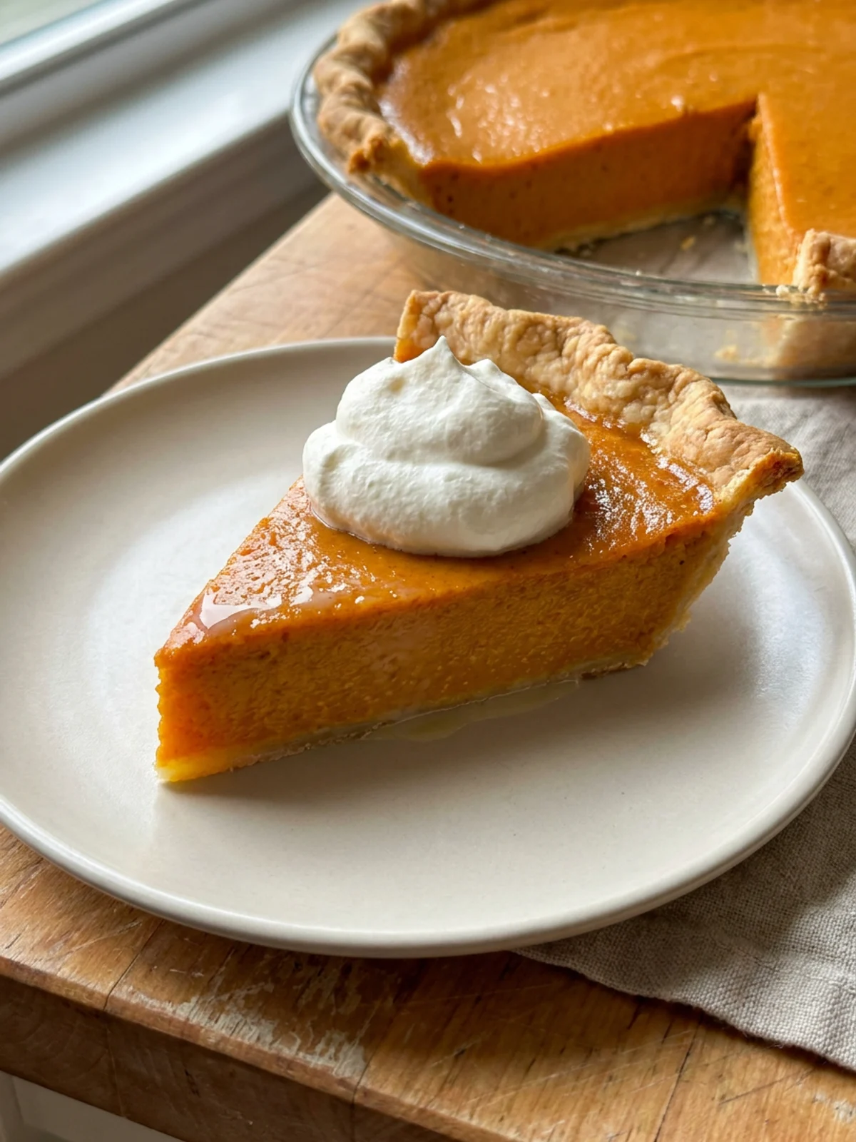 Top-down view of a smooth pumpkin pie filling in an unbaked pie crust.
