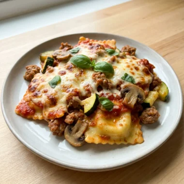 Close-up of a cheesy, bubbly ravioli lasagna fresh from the oven in a glass dish.
