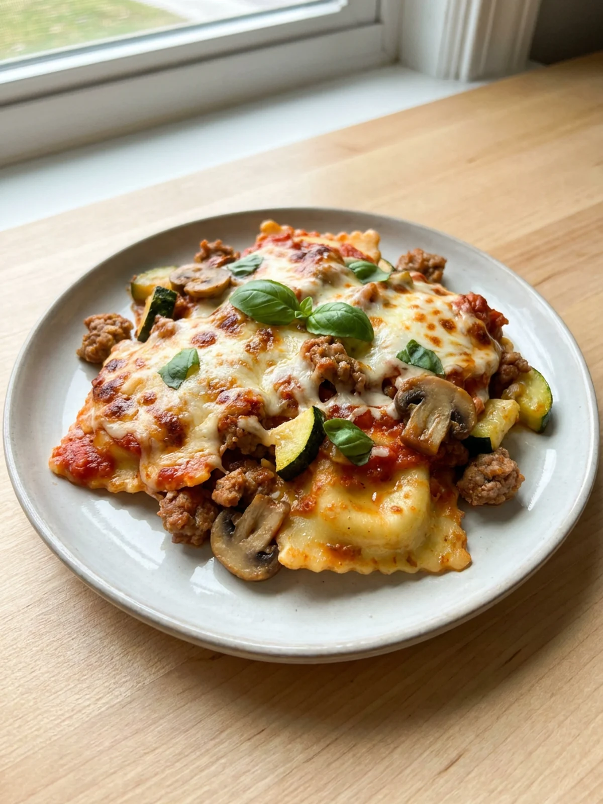Close-up of a cheesy, bubbly ravioli lasagna fresh from the oven in a glass dish.