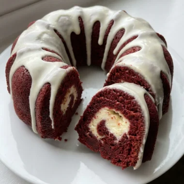 A whole red velvet bundt cake with white glaze on a white cake stand.