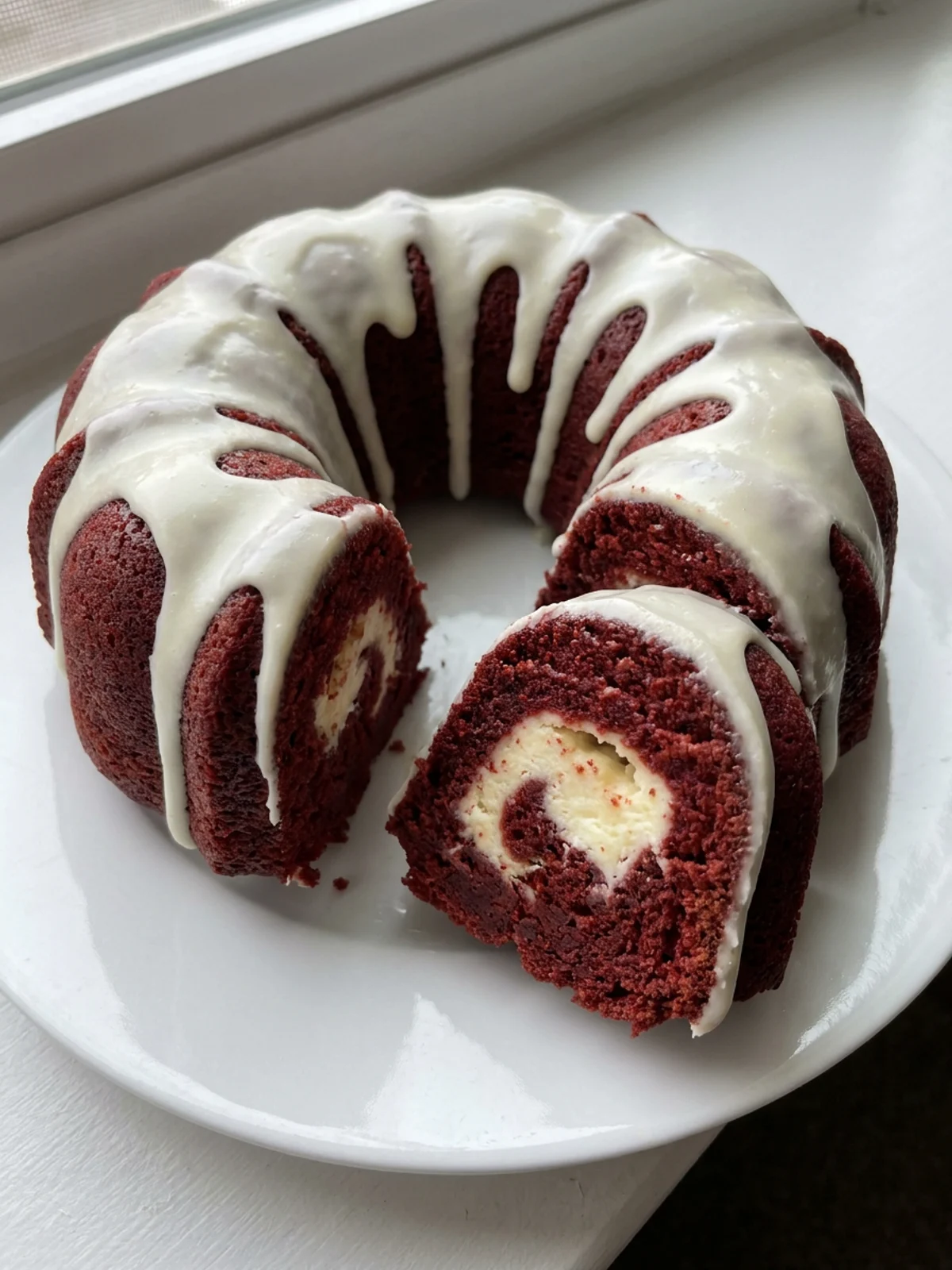 A whole red velvet bundt cake with white glaze on a white cake stand.