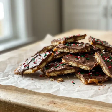 A close-up of a broken piece of saltine chocolate toffee on parchment paper.