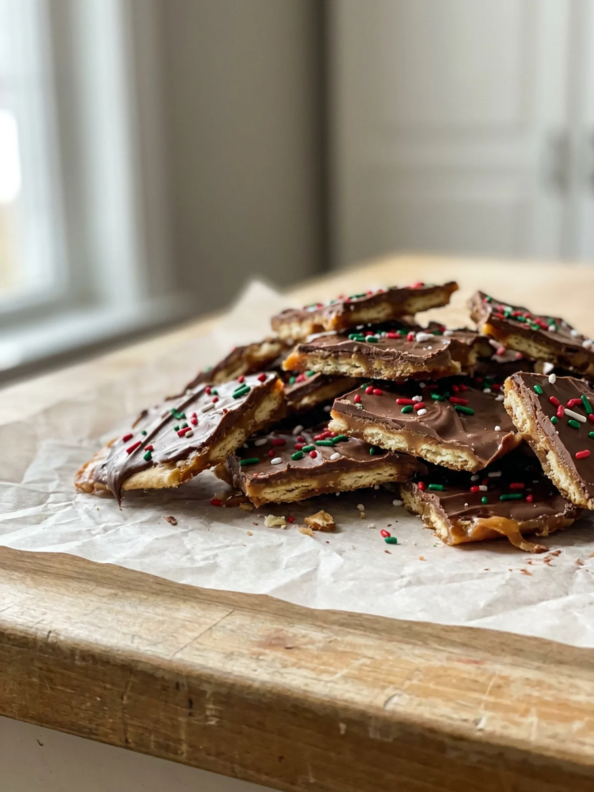 A close-up of a broken piece of saltine chocolate toffee on parchment paper.