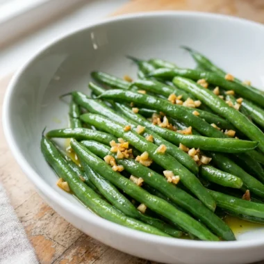 A white bowl filled with bright green sauteed green beans with garlic.