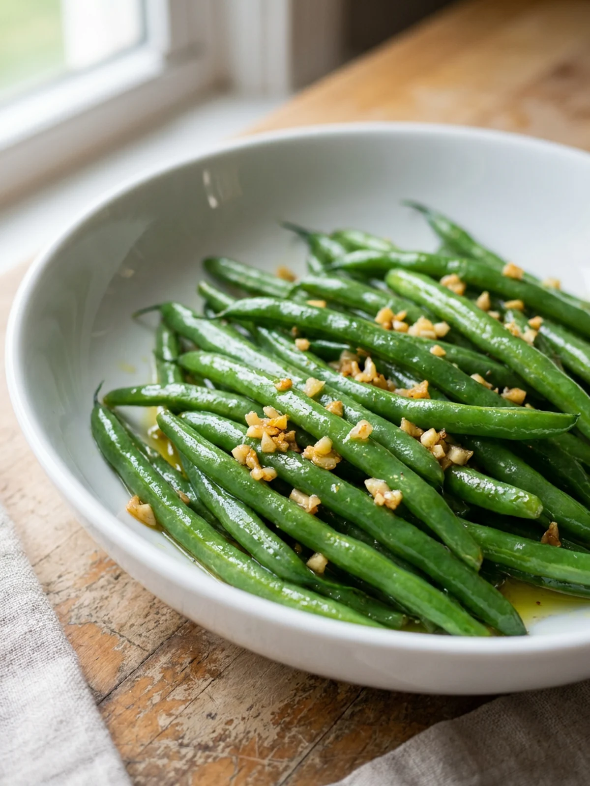 A white bowl filled with bright green sauteed green beans with garlic.