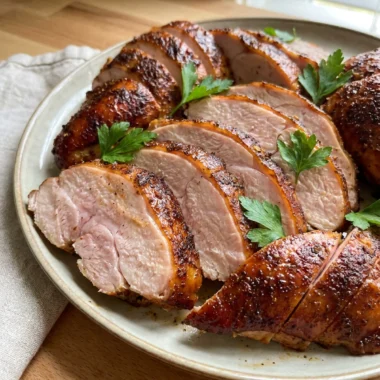 Thick slices of juicy smoked turkey breast arranged on a white serving plate.