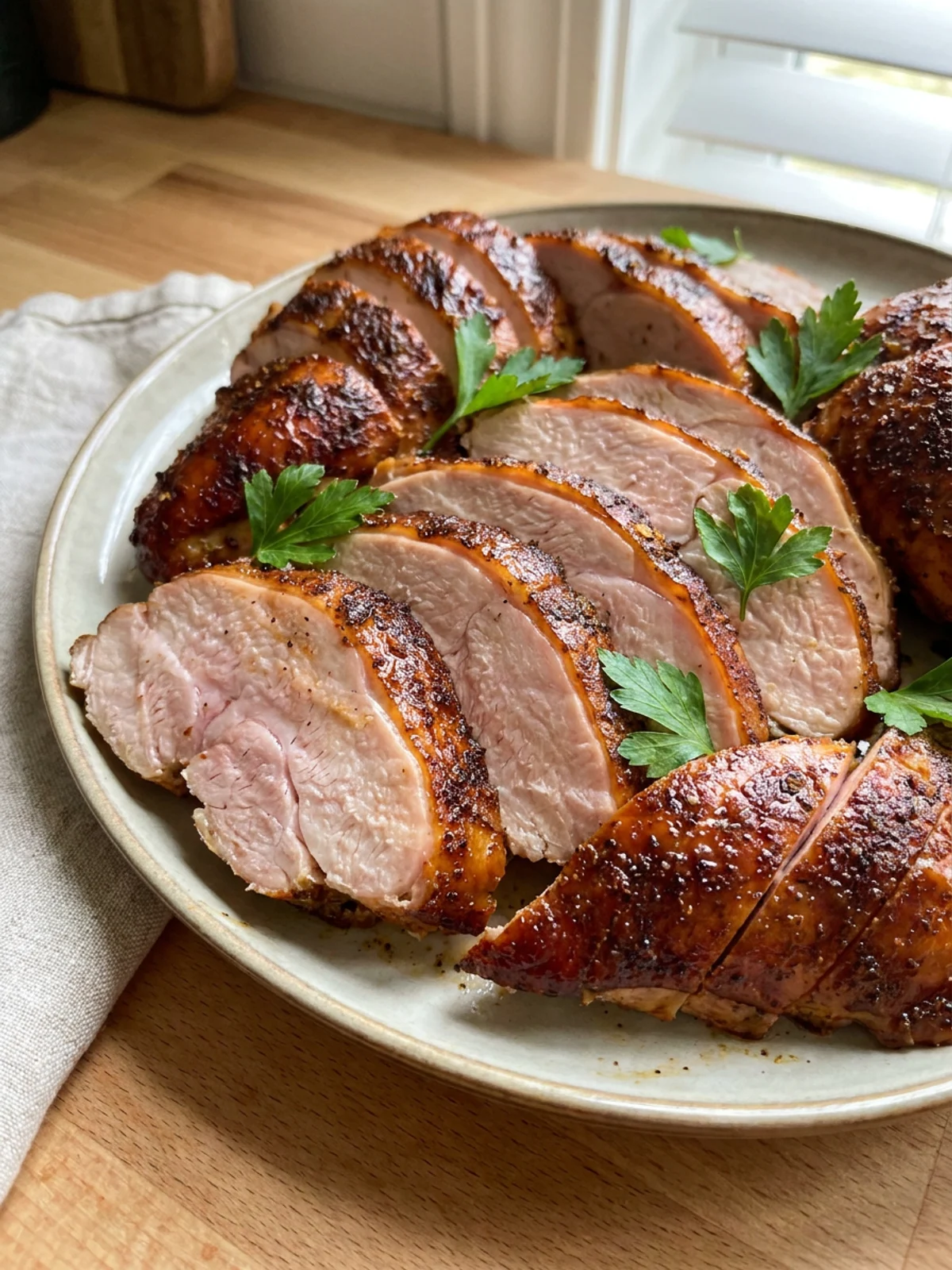 Thick slices of juicy smoked turkey breast arranged on a white serving plate.