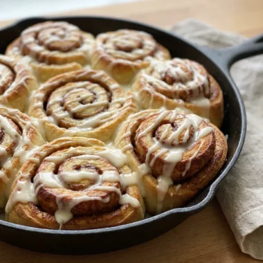 A close-up of a single sourdough cinnamon roll showing the swirl and glaze.