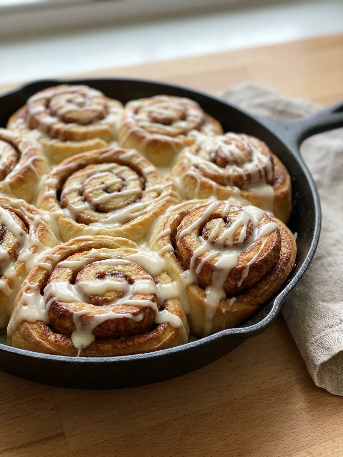 A close-up of a single sourdough cinnamon roll showing the swirl and glaze.
