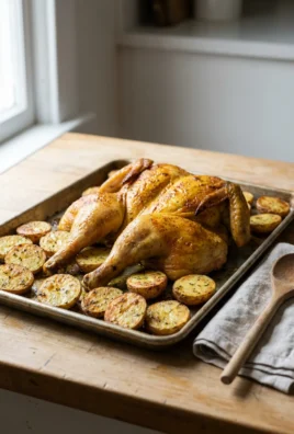 A carved roasted chicken on a platter next to a bowl of golden-brown potatoes.