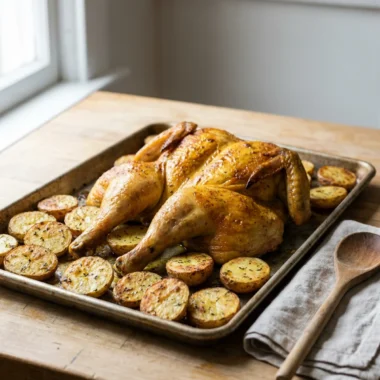 A carved roasted chicken on a platter next to a bowl of golden-brown potatoes.